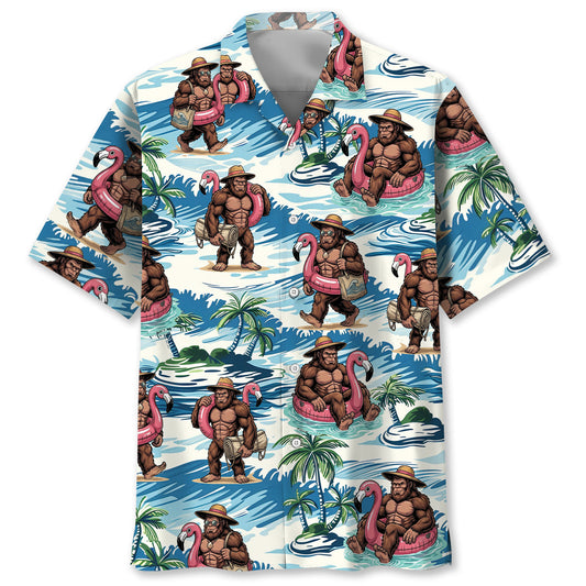 Funny Bigfoot Flamingo Float Vacation Hawaiian Shirt