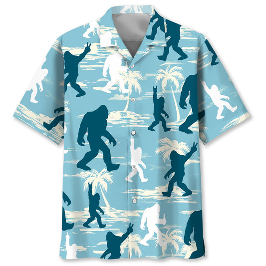 Funny Bigfoot Light Blue Silhouette Hawaiian Shirt